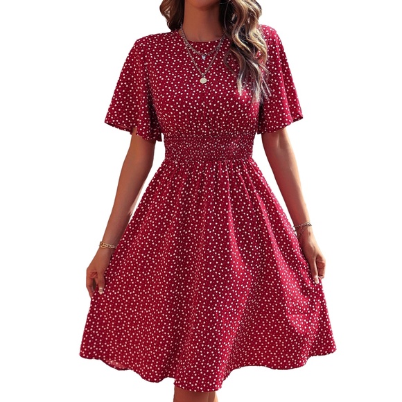 Heart Print Butterfly Sleeve Dress – Red - Picture 1 of 4